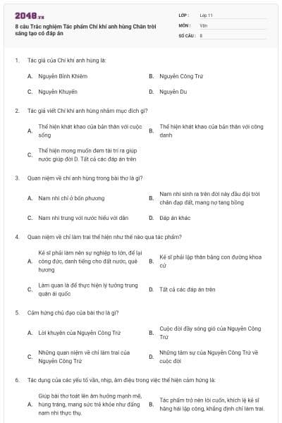 8 câu Trắc nghiệm Tác phẩm Chí khí anh hùng Chân trời sáng tạo có đáp án