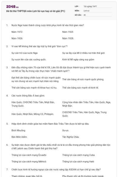 Đề thi thử THPTQG môn Lịch Sử cực hay có lời giải (P1)