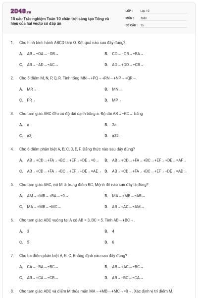 15 câu Trắc nghiệm Toán 10 chân trời sáng tạo Tổng và hiệu của hai vectơ có đáp án