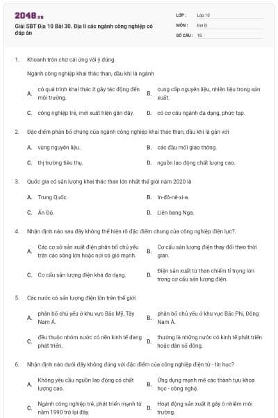 Giải SBT Địa 10 Bài 30. Địa lí các ngành công nghiệp có đáp án