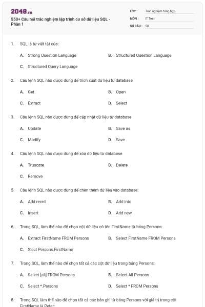550+ Câu hỏi trắc nghiệm lập trình cơ sở dữ liệu SQL - Phần 1