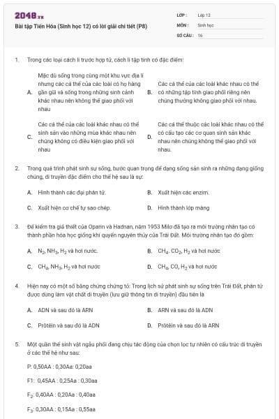 Bài tập Tiến Hóa (Sinh học 12) có lời giải chi tiết (P8)