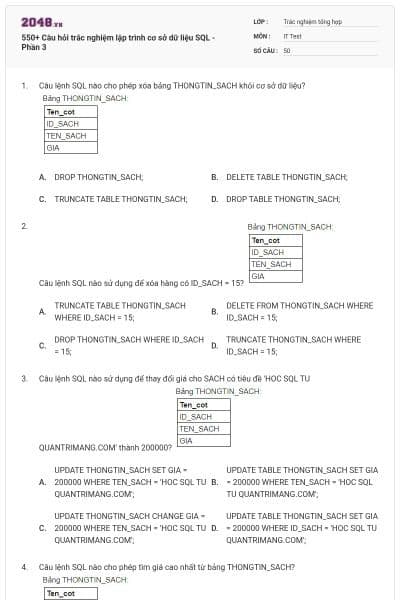 550+ Câu hỏi trắc nghiệm lập trình cơ sở dữ liệu SQL - Phần 3