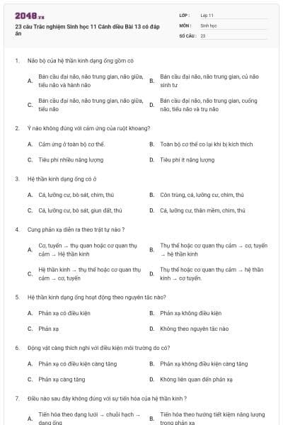 23 câu Trắc nghiệm Sinh học 11 Cánh diều Bài 13 có đáp án
