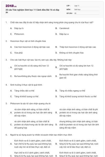 20 câu Trắc nghiệm Sinh học 11 Cánh diều Bài 16 có đáp án