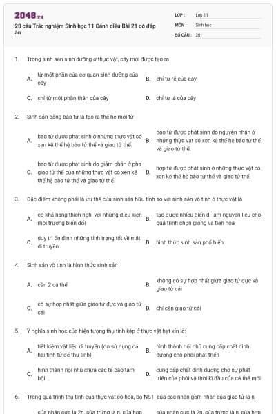 20 câu Trắc nghiệm Sinh học 11 Cánh diều Bài 21 có đáp án