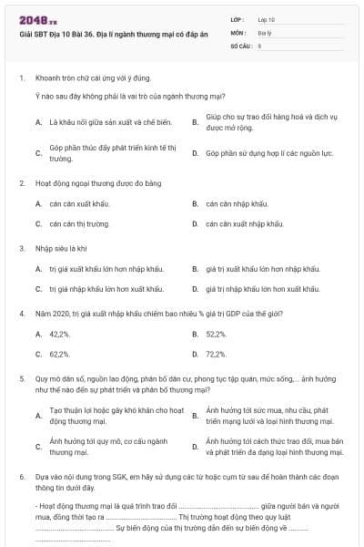 Giải SBT Địa 10 Bài 36. Địa lí ngành thương mại có đáp án