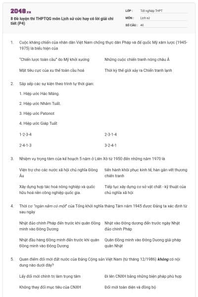 8 Đề luyện thi THPTQG môn Lịch sử cức hay có lời giải chi tiết (P4)