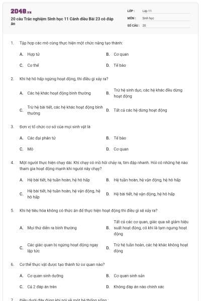 20 câu Trắc nghiệm Sinh học 11 Cánh diều Bài 23 có đáp án