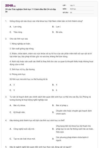 20 câu Trắc nghiệm Sinh học 11 Cánh diều Bài 24 có đáp án