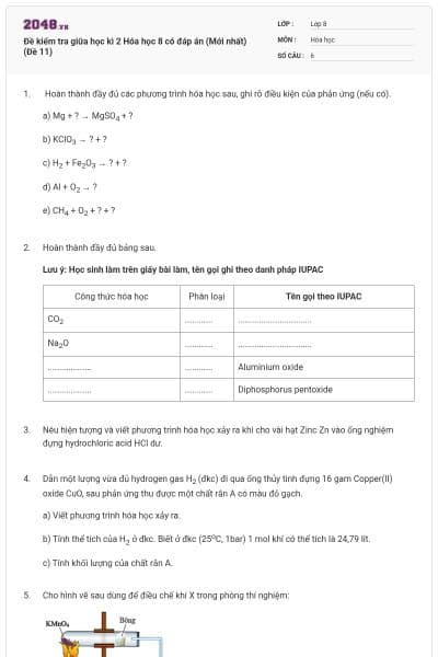 Đề kiểm tra giữa học kì 2 Hóa học 8 có đáp án (Mới nhất) (Đề 11)