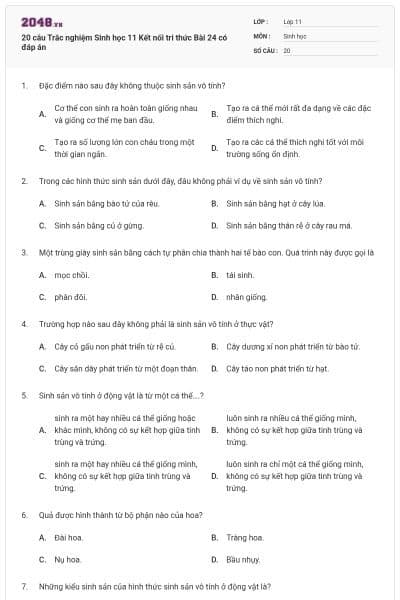 20 câu Trắc nghiệm Sinh học 11 Kết nối tri thức Bài 24 có đáp án