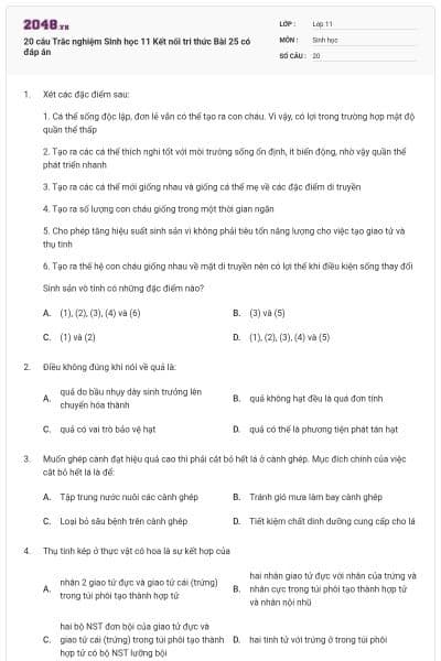 20 câu Trắc nghiệm Sinh học 11 Kết nối tri thức Bài 25 có đáp án