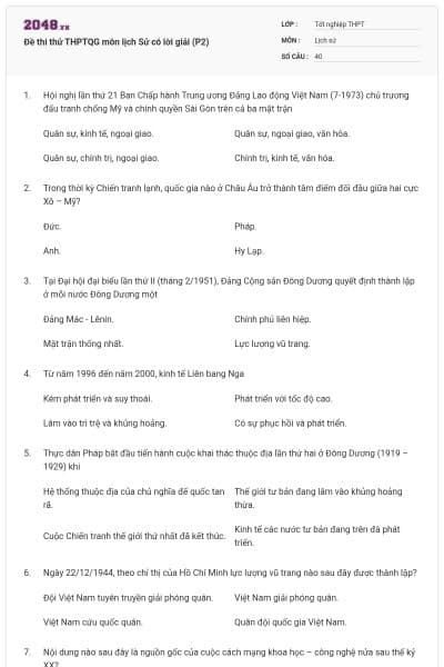Đề thi thử THPTQG môn lịch Sử có lời giải (P2)