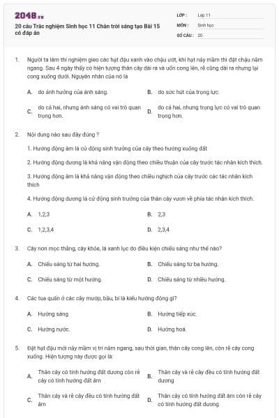 20 câu Trắc nghiệm Sinh học 11 Chân trời sáng tạo Bài 15 có đáp án