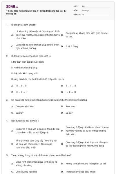 19 câu Trắc nghiệm Sinh học 11 Chân trời sáng tạo Bài 17 có đáp án