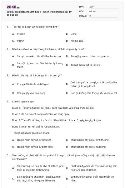 20 câu Trắc nghiệm Sinh học 11 Chân trời sáng tạo Bài 19 có đáp án