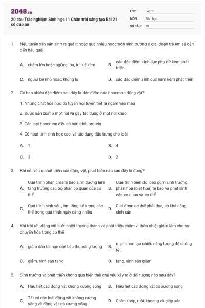 20 câu Trắc nghiệm Sinh học 11 Chân trời sáng tạo Bài 21 có đáp án