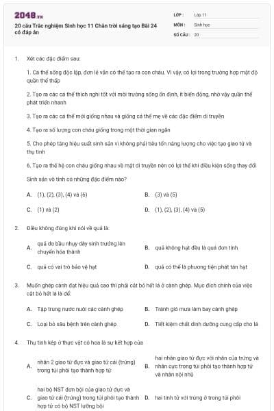 20 câu Trắc nghiệm Sinh học 11 Chân trời sáng tạo Bài 24 có đáp án
