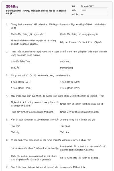 Đề tự luyện thi THPTQG môn Lịch Sử cực hay có lời giải chi tiết (P2)