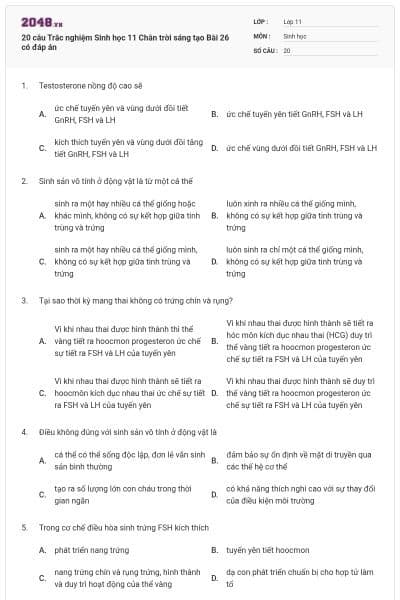 20 câu Trắc nghiệm Sinh học 11 Chân trời sáng tạo Bài 26 có đáp án