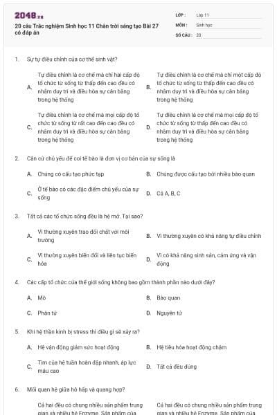 20 câu Trắc nghiệm Sinh học 11 Chân trời sáng tạo Bài 27 có đáp án