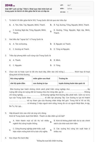 Giải SBT Lịch sử lớp 7 Bài 6. Khái lược tiến trình lịch sử trung quốc từ thế kỉ vii đến giữa thế kỉ xix có đáp án