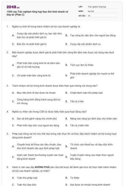 1500 câu Trắc nghiệm tổng hợp Đạo đức kinh doanh có đáp án (Phần 2)