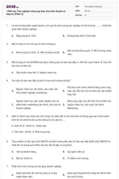 1500 câu Trắc nghiệm tổng hợp Đạo đức kinh doanh có đáp án (Phần 5)