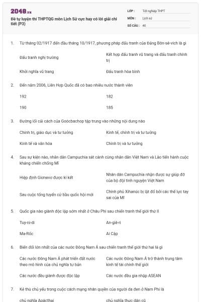 Đề tự luyện thi THPTQG môn Lịch Sử cực hay có lời giải chi tiết (P3)