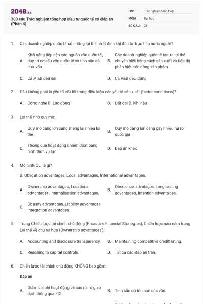 300 câu Trắc nghiệm tổng hợp Đầu tư quốc tế có đáp án (Phần 4)