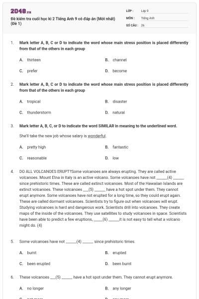 Đề kiểm tra cuối học kì 2 Tiếng Anh 9 có đáp án (Mới nhất) (Đề 1)
