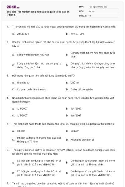 300 câu Trắc nghiệm tổng hợp Đầu tư quốc tế có đáp án (Phần 5)