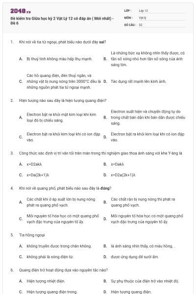 Đề kiểm tra Giữa học kỳ 2 Vật Lý 12 có đáp án ( Mới nhất) - Đề 6
