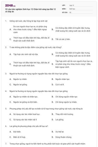 32 câu trắc nghiệm Sinh học 12 Chân trời sáng tạo Bài 12 có đáp án