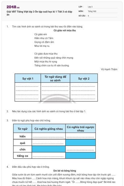 Giải VBT Tiếng Việt lớp 3 Ôn tập cuối học kì 1 Tiết 3 có đáp án