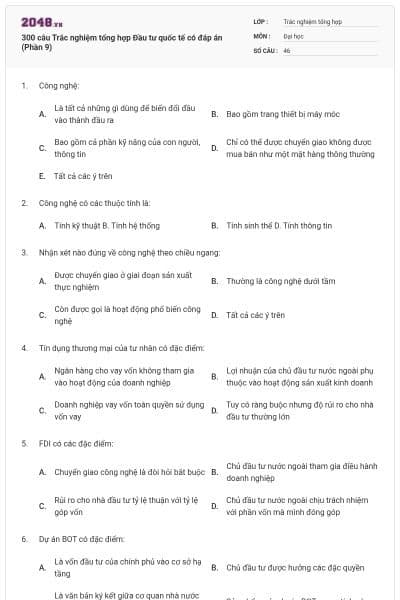 300 câu Trắc nghiệm tổng hợp Đầu tư quốc tế có đáp án (Phần 9)
