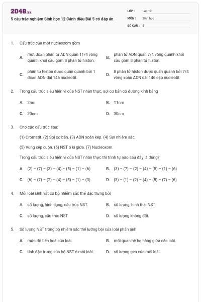 5 câu trắc nghiệm Sinh học 12 Cánh diều Bài 5 có đáp án