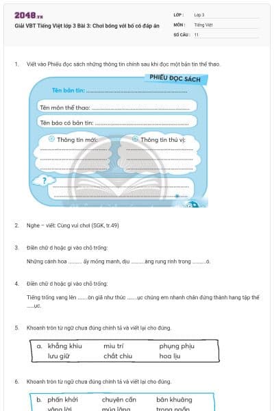 Giải VBT Tiếng Việt lớp 3 Bài 3: Chơi bóng với bố có đáp án