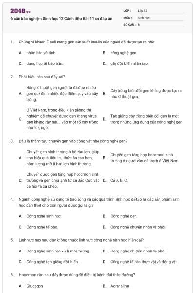 6 câu trắc nghiệm Sinh học 12 Cánh diều Bài 11 có đáp án