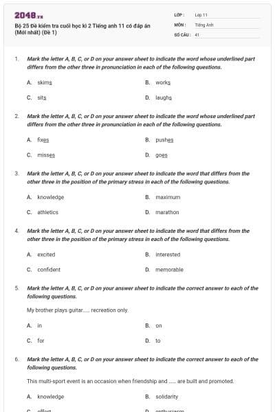 Bộ 25 Đề kiểm tra cuối học kì 2 Tiếng anh 11 có đáp án (Mới nhất) (Đề 1)