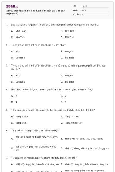 32 câu Trắc nghiệm Địa lí 10 Kết nối tri thức Bài 9 có đáp án (Phần 2)