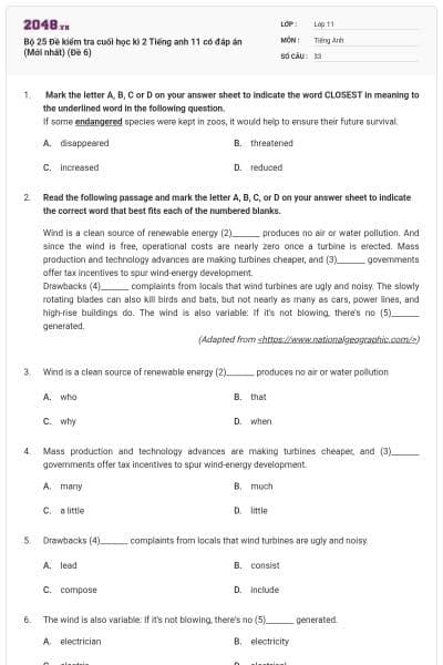 Bộ 25 Đề kiểm tra cuối học kì 2 Tiếng anh 11 có đáp án (Mới nhất) (Đề 6)