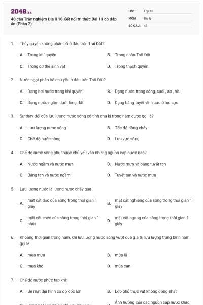 40 câu Trắc nghiệm Địa lí 10 Kết nối tri thức Bài 11 có đáp án (Phần 2)
