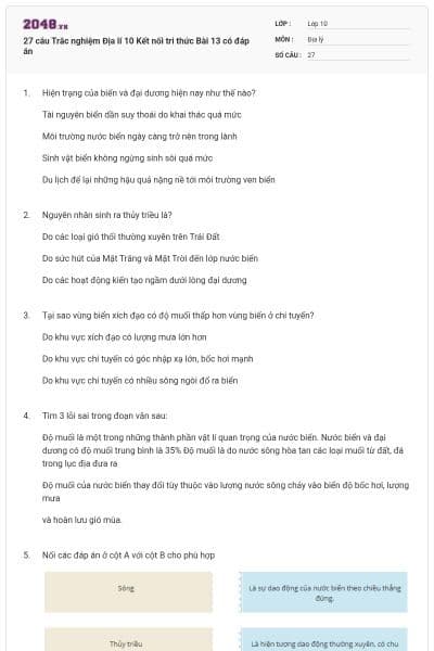 27 câu Trắc nghiệm Địa lí 10 Kết nối tri thức Bài 13 có đáp án