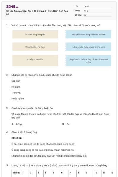 35 câu Trắc nghiệm Địa lí 10 Kết nối tri thức Bài 16 có đáp án