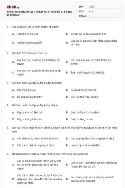 40 câu Trắc nghiệm Địa lí 10 Kết nối tri thức Bài 17 có đáp án (Phần 2)