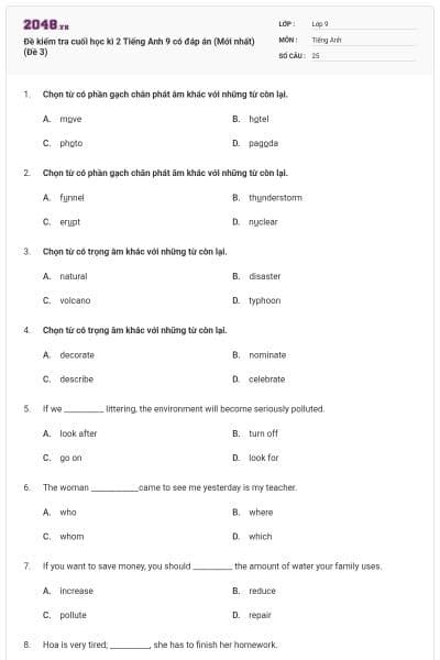Đề kiểm tra cuối học kì 2 Tiếng Anh 9 có đáp án (Mới nhất) (Đề 3)