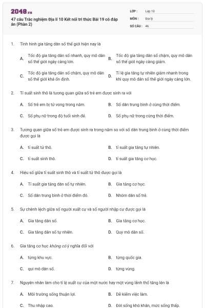 47 câu Trắc nghiệm Địa lí 10 Kết nối tri thức Bài 19 có đáp án (Phần 2)