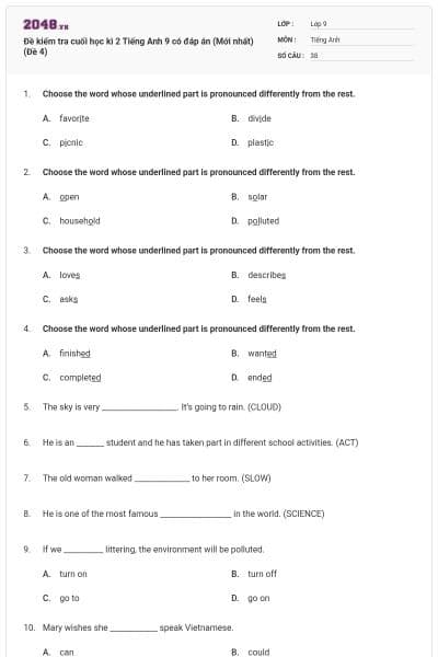 Đề kiểm tra cuối học kì 2 Tiếng Anh 9 có đáp án (Mới nhất) (Đề 4)